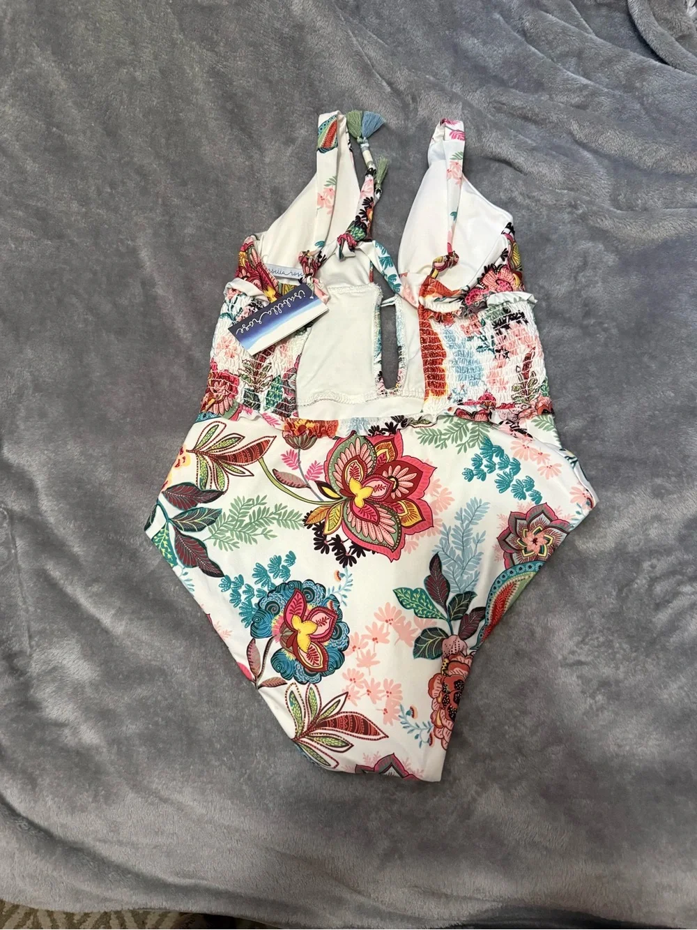 Girls White Floral One-Piece Swimsuit with Smocked Waist